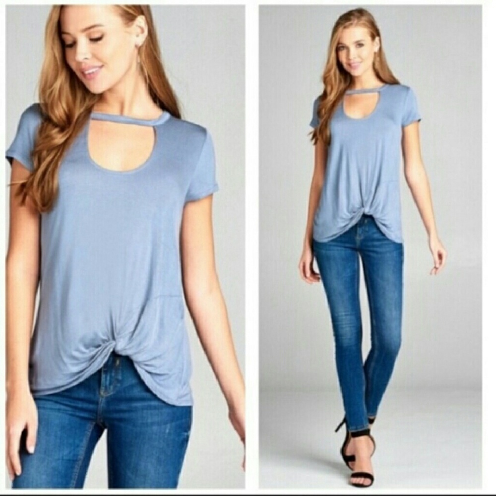 Dusty Blue Choker Twist Front Top